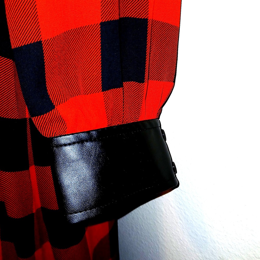 NY&C Women Longline Duster Top XXL Red Buffalo Plaid Checker Faux Leather Trim - Picture 5 of 10